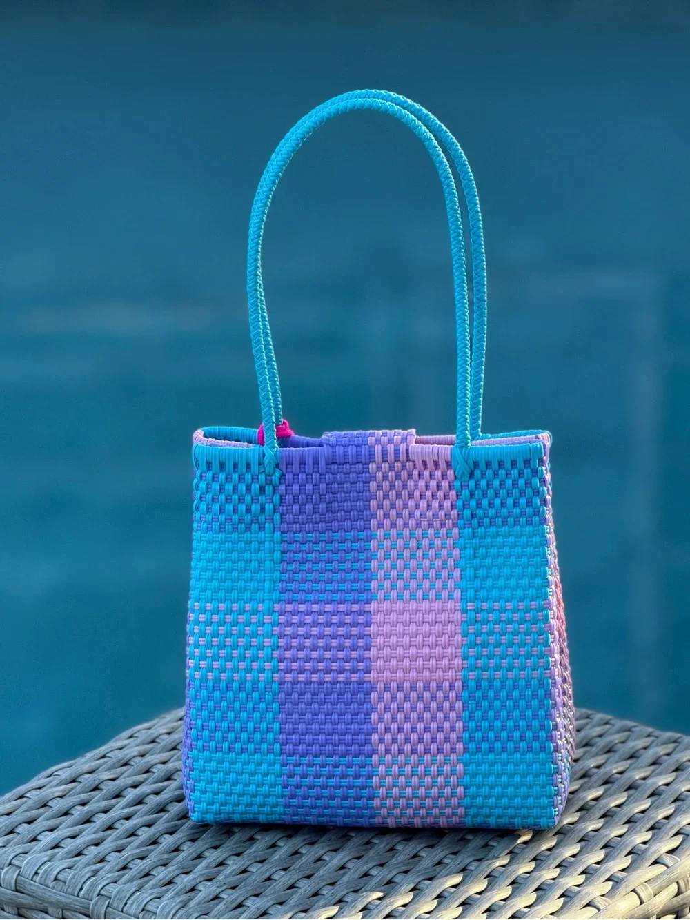 Turquoise Pink Purple Woven Tote with Tassel Charm